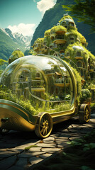 Biofuel-powered vehicle depicted in a picturesque setting, promoting sustainable and renewable fuel alternatives