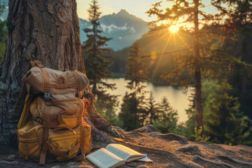 An adventurers backpack and an open book rest against a tree, setting a scene of solitude and learning amidst a tranquil forest at sunset