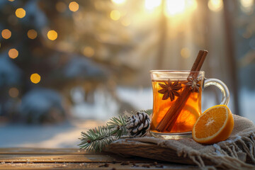 Winter-themed composition featuring a clear glass mug of mulled wine with a cinnamon stick and an orange slice on a wooden table - Powered by Adobe