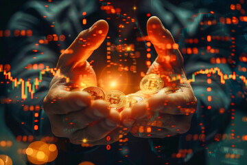 Hands cradle a collection of Bitcoin, with digital graphs reflecting in the background, representing the modern landscape of cryptocurrency investment