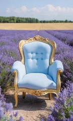 Fotobehang Background pastel blue classic vintage armchair stands in a field of purple lavande flowers. © Julija AI