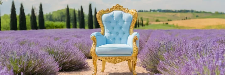  Banner pastel blue classic vintage armchair stands in a field of purple lavande flowers. © Julija AI