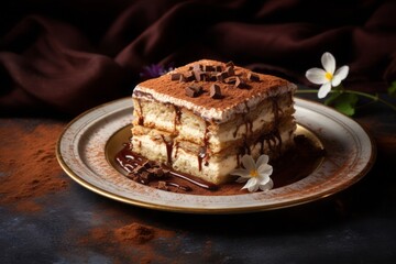 Tempting tiramisu on a porcelain platter against a rice paper background