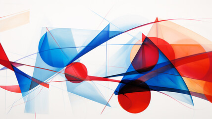 A striking abstract sculpture comprised of intertwining ribbons in shades of red and blue, casting dynamic shadows against a pristine white gallery wall