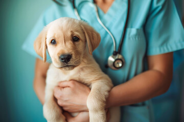 A portrait of an adorable, pale-furred Labrador puppy being held by a veterinary professional, depicting care and compassion in animal health.