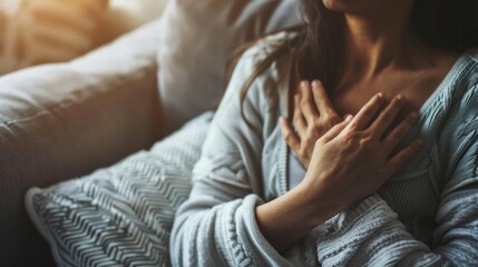 Sick Woman is clutching her chest on couch, acute pain possible heart attack. - obrazy, fototapety, plakaty