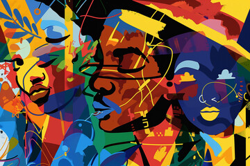 A vibrant painting depicting a diverse group of people engaging in conversation and activities Juneteenth