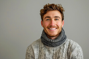 Portrait of a cheerful man with a welcoming smile, donning a cozy sweater and knit scarf, exuding casual comfort and friendliness - obrazy, fototapety, plakaty