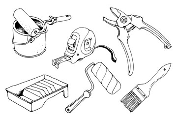 Garden tools and home repair tools, vector hand drawn set