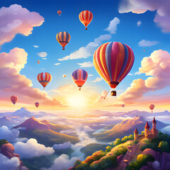  Imagine a whimsical illustration depicting friends gleefully soaring through the sky together in a hot air balloon