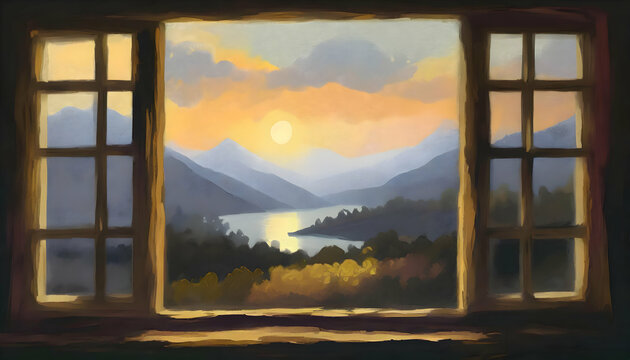 Abstract mountain range and river lake from windows view on watercolor illustration painting on digital art concept. 