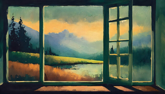 Abstract mountain range and river lake from windows view on watercolor illustration painting on digital art concept. 