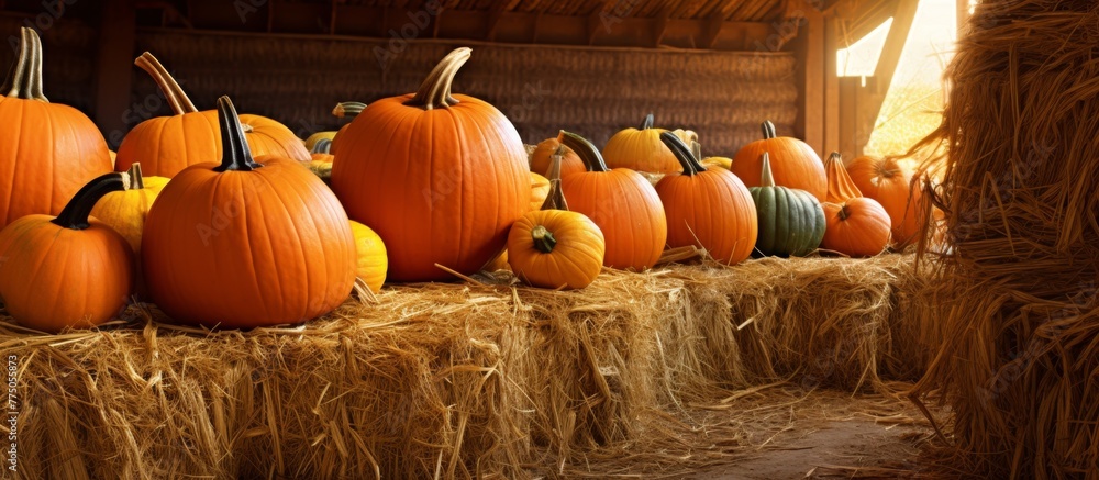 Poster pumpkins and squash of various shapes and sizes are placed on hay bales inside a rustic barn, creati