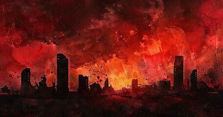 a dark and moody abstract watercolor matte painting of a twighlit sky of deep reds and oranges. In the foreground the silhouette of a civilization constructed from discarded rubbish - obrazy, fototapety, plakaty