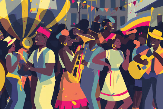 Group of diverse people gathered and standing side by side at a Juneteenth parade celebration