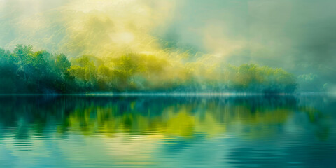 Misty Lake Sunrise Reflecting on Tranquil Waters
