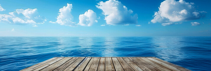 Coastal scene with a wooden platform and a vast blue ocean meeting the sky - obrazy, fototapety, plakaty