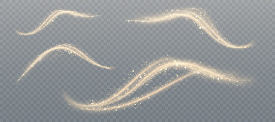Light effect Magic golden wind for web design and fairytale decoration. Golden magic comet with lots of sparkling bokke and shimmering light effects. vector