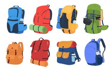 Backpacks for traveling in cartoon style. Equipment for hiking. Recreation. An equipped backpack...