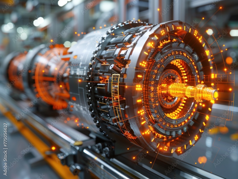 Poster detailed view of a machine operating in a factory setting