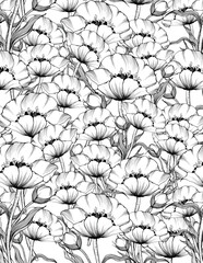 Coloring book page with flowers on white background. poppies flowers. Black and white vector illustration. Doodle, hand drawn, zentangle, anti stress.	