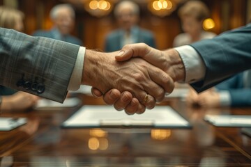 Businessmen shake hands, signing contract in office with assistants nearby