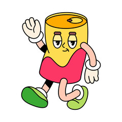 Walking beer metallic can vector sign or badge. Tin bottle walk symbol pop art icon. Retro design comic character for print or mascot. Popart object for funny clipart in 80s or 70s style. Cartoon