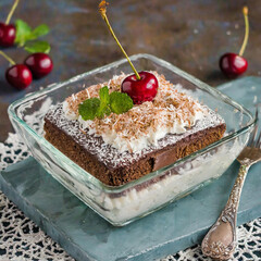 Cake in a square glass dish with grated coconut and cherry on top.