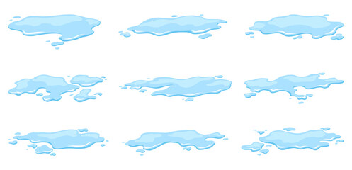Fototapeta premium Water spill puddles set. Blue liquid various shape in flat cartoon style. Clean fluid drop design elements isolted on white background