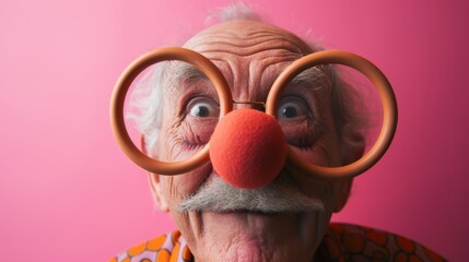 Bursting with humor, a senior wears oversized clown glasses and a red nose, the pink background highlighting his humorous and carefree attitude. - obrazy, fototapety, plakaty
