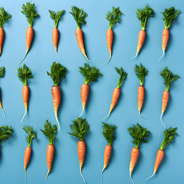 Neatly arranged carrots on a lively blue background, showcasing health and natural patterns in food