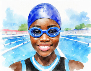 a painting of a woman wearing goggles and a blue hat.