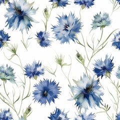 A seamless watercolor illustration presenting serene cornflower blooms in shades of marlin, capri, and chambray blue for a tranquil design.