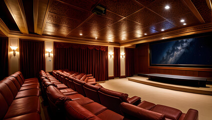 Una imagen que representa a una sala de cine super lujosa en tonos dorados - obrazy, fototapety, plakaty