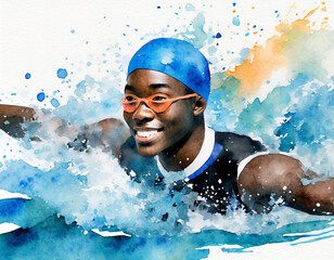 A drawing of a person swimming in the water with a blue cap.