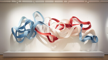 A striking abstract sculpture comprised of intertwining ribbons in shades of red and blue, casting dynamic shadows against a pristine white gallery wall