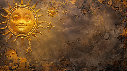 Painting of a sun featuring a human-like face Solstice banner copy space - obrazy, fototapety, plakaty