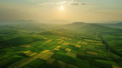 An aerial view of a patchwork of agricultural fields in the heartland - obrazy, fototapety, plakaty