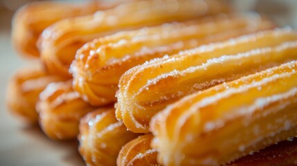 An inviting close-up of freshly fried churros coated in granulated sugar, showcasing the texture...
