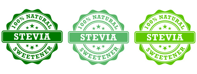 Set of natural sweetener stevia stamp in green color icons. Symbols for business, healthy food package, web or app.
