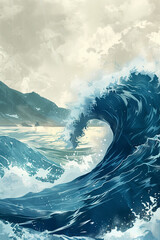 Painting Tsunami of a powerful wave crashing in the ocean vertical - obrazy, fototapety, plakaty