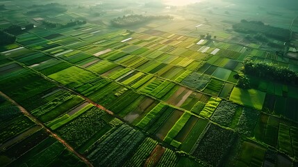 An aerial view of a patchwork of farmland quilted with fields of crops - obrazy, fototapety, plakaty