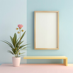 Mock up a blank picture frame on a pastel-colored wall for holding desired content.