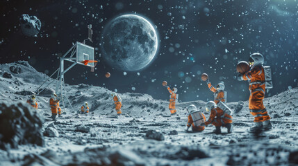 Giocatori di basket umani ed extraterrestri si affrontano in una partita da sogno sulla luna con le stelle e una luna di altra galassia sullo sfondo - obrazy, fototapety, plakaty