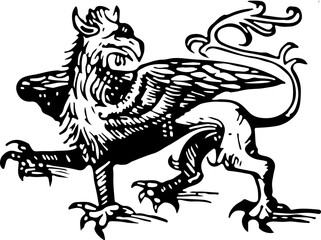 A woodcut illustration of a griffin, symbolizing power and mystery in mythology, rendered in bold black and white.