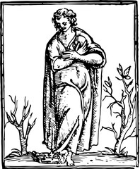 A poignant illustration of a woman in mourning, rendered in woodcut style, suitable for literary and historical themes.