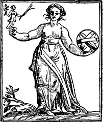 An evocative woodcut depiction of Lady Fortune holding a doll and a globe, representing fate and chance. - obrazy, fototapety, plakaty