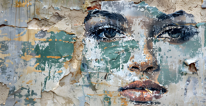 Abstract old wrinkled grunge ripped torn placard posters background. Remains of torn poster with woman