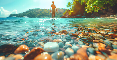 someone standing on a yate in front of a magical caribean landscape,