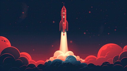 Simplistic rocket, takeoff, starry sky, adventure theme - obrazy, fototapety, plakaty